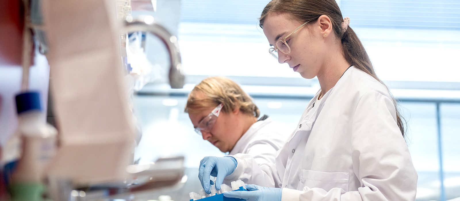 Postgraduate students working at the Jenner Institute in profile wearing lab coats and blue gloves