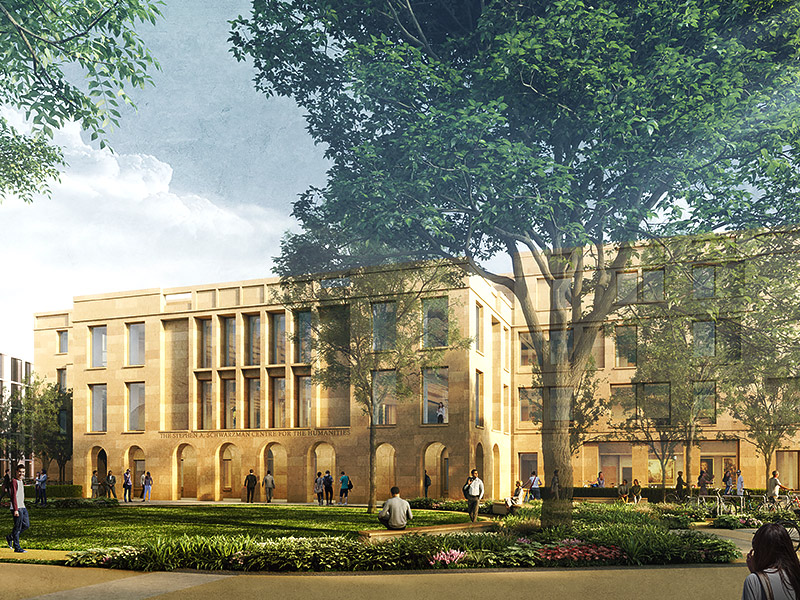 An architectural rendering of the north exterior of the Schwarzman Centre, showing a large stone building surrounded by landscaped gardens