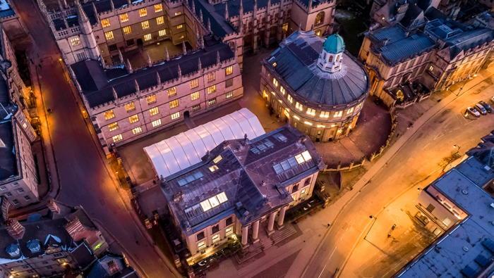 Bird's eye view of buildings on Broad Street, Oxford at night