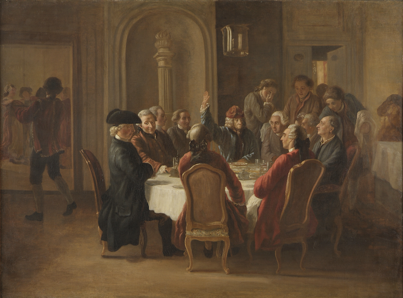 Detail from Jean Huber’s Dîner des philosophes, c.1772 depicting Voltaire entertaining other Enlightenment thinkers to dinner. 