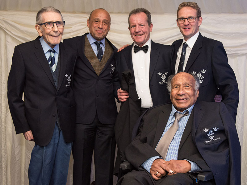 L-R: Henry Dean, Dave Mace (current OUABC Head Coach), Des Brackett (former OUABC Head Coach), Chris Mack and Percy Lewis. Photo by John Cairns