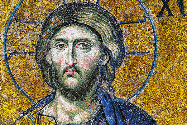 Detail of an ornate mosaic of Christ’s image from Hagia Sophia, which was recently reconsecrated as a mosque, in Istanbul