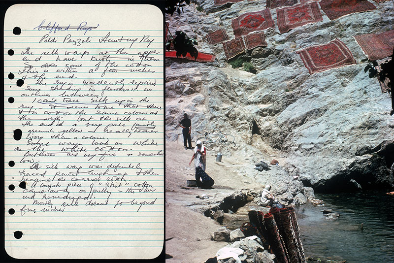 A single page of May Beattie’s handwritten notes alongside a 1970s photograph of carpets drying in the sun in Ray, Iran
