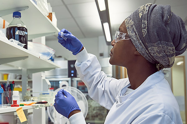 A scientist conducting research in a lab in the Department of Oncology